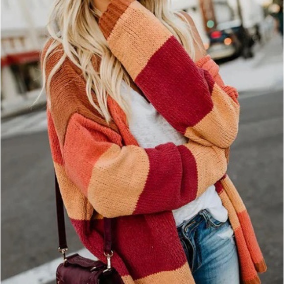 Autumn Colorblock boho Stripes Knit Open Front Cardigan Casual stripes - Picture 13 of 13